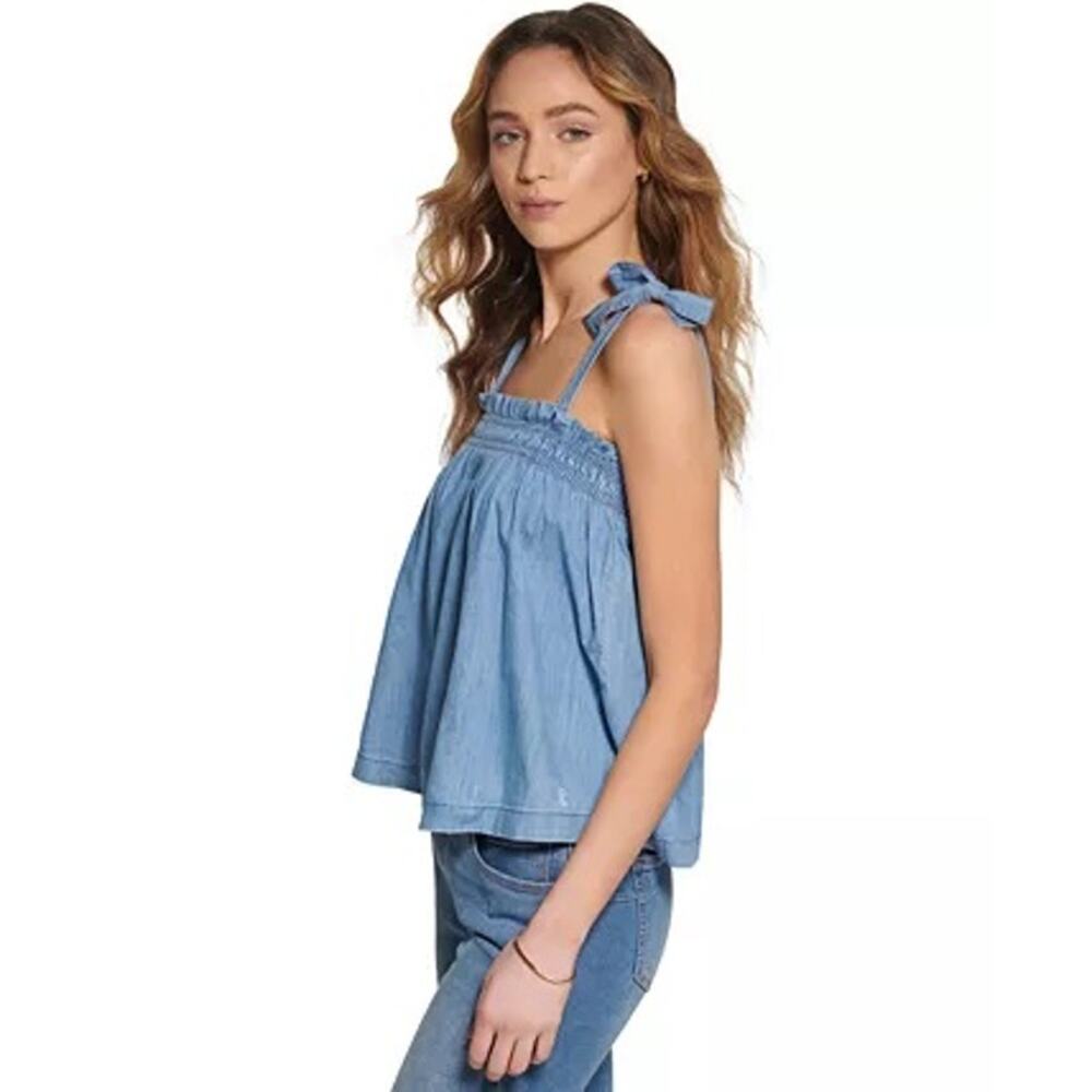 Tommy Hilfiger Womens Chambray Tank Top XL Blue Shoulder Tie Ruffle Smocking NWT - Picture 3 of 12